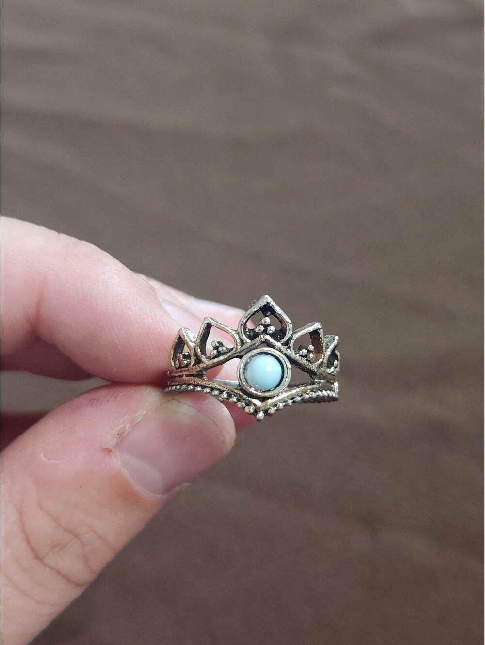 Silver Tone Crown Ring with Faux Turquoise Center Stone Size 6